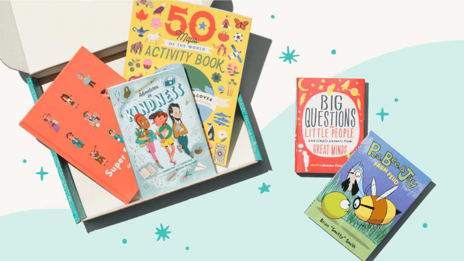 An open box with 3 children's books and two more stacked nearby.