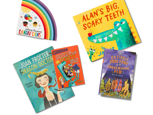 Arrangement of five books representing books for different ages.