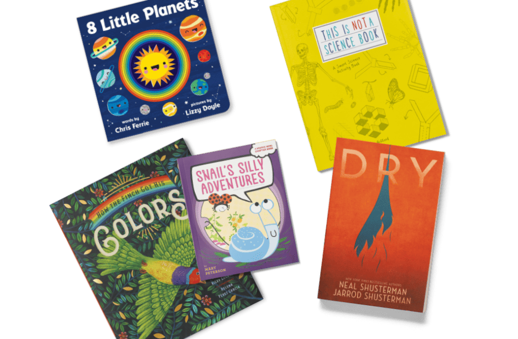 Arrangement of five books representing books for different grades.