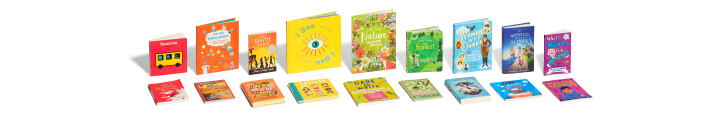 Books for all ages arranged in rainbow color order. Back row is standing, and the front row is laying down.