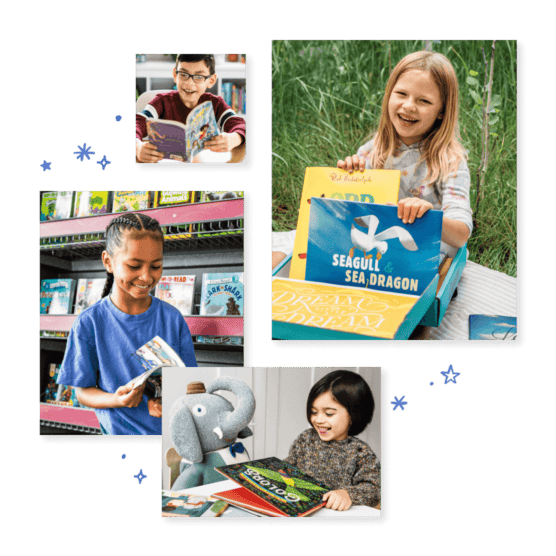 Children of all ages smiling and reading Literati books.