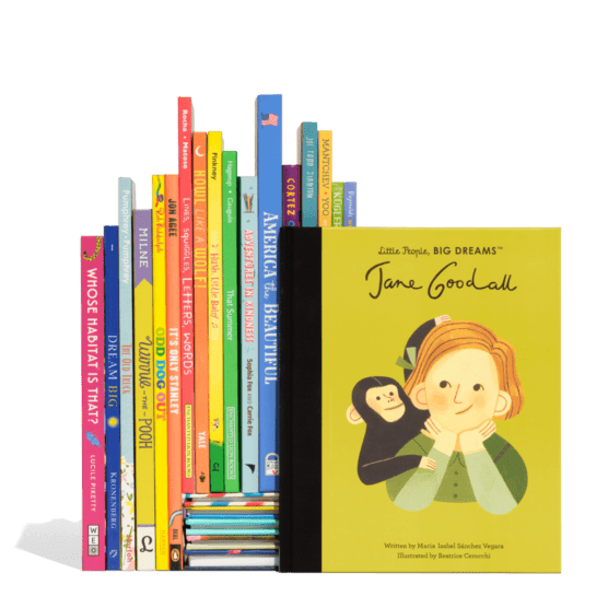 A colorful collection of books with their spines showing. One lime green book is facing the viewer.