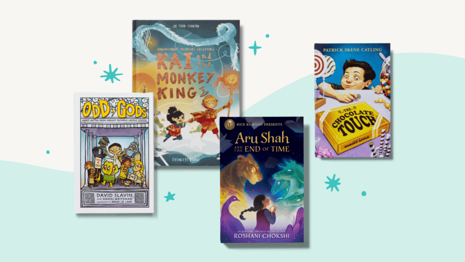 A collection of four children's books about legends and myths; on curved mint background with stars.